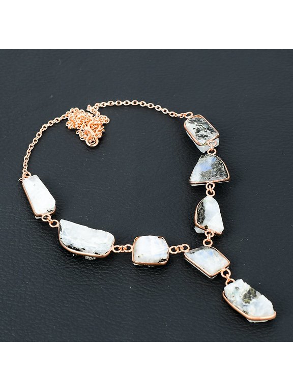 Natural Rough Rainbow Moonstone Gemstone Handmade Copper Necklace 18"
