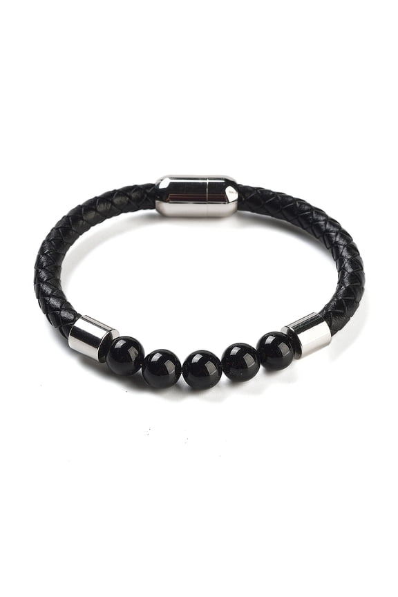 Natural Round Bead Leather Cord Bracelets for Men Women with Ion Plating(IP) 304 Stainless Steel Magnetic Clasps 8-1/4 inch(21cm)