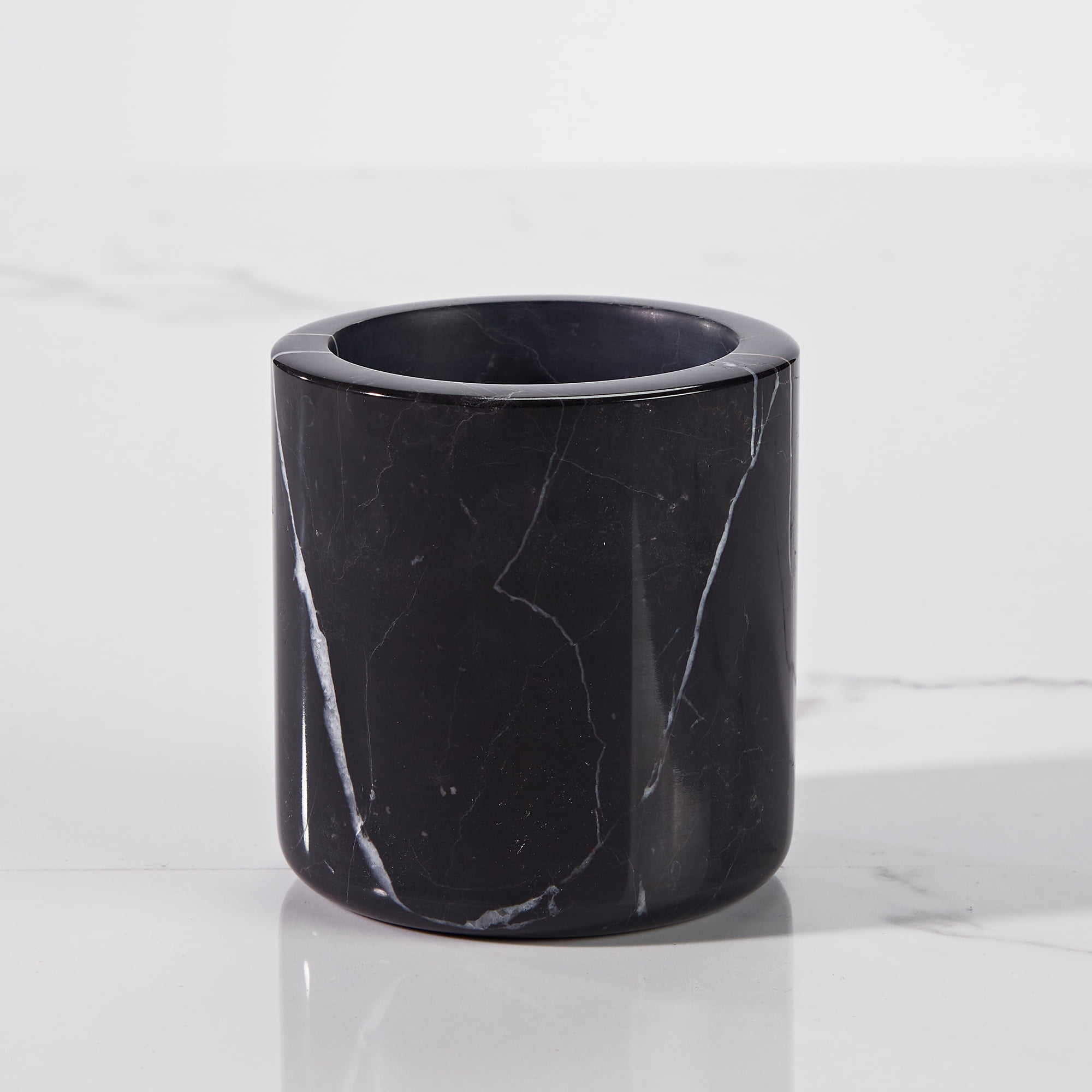Natural Round Black Marble Canister 5.07 inch L × 5.07 inch D × 5.26 inch H, Sturdy Qtip Holder Dispenser with Lid for Cotton Swab, Pads,Floss Picks,Balls Organic Vanity Makeup Storage