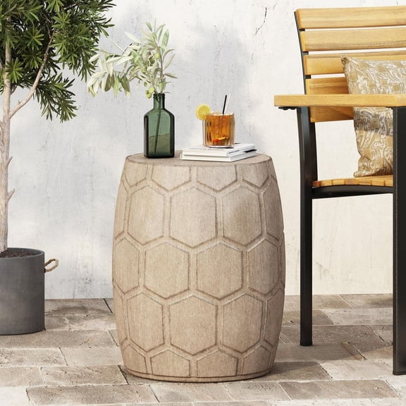 Natural Round Lightweight Concrete Outdoor Side Table with Barrel Structure and Honeycomb Pattern