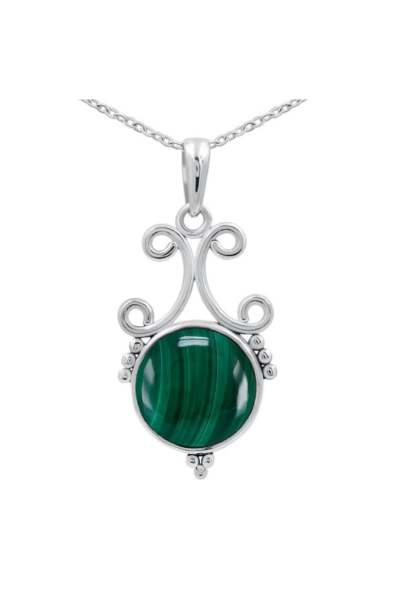 Natural Round Malachite Pendant Necklace for Women - May Birthstone Green Stone Vintage Style 925 Silver Plated Jewelry Necklace - Gifts for Her Mom Sister Wife