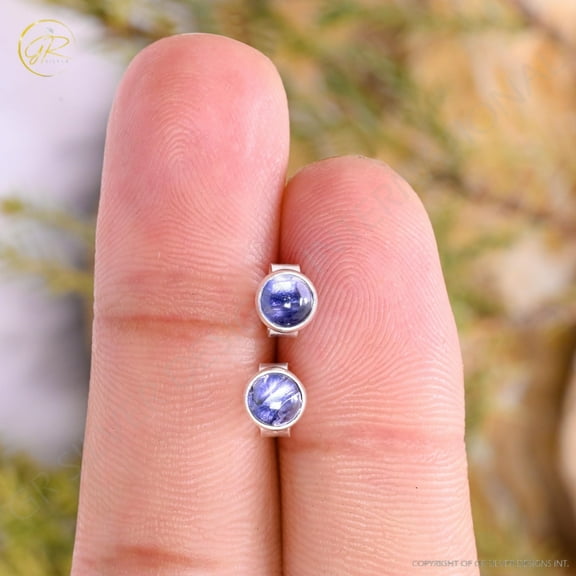 Natural Round Tanzanite Stud Earrings, Gemstone Minimalist Dainty Silver Post Earrings, December Birthstone Jewelry Gifts for Her Birthday