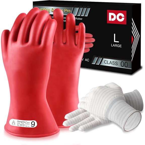 Natural Rubber Gloves - Class 00 Low Voltage Electrical Insulating Linesmen's Gloves with Double-Layer Design, Cotton Anti-Static Knitted Lining, Size 9, Red