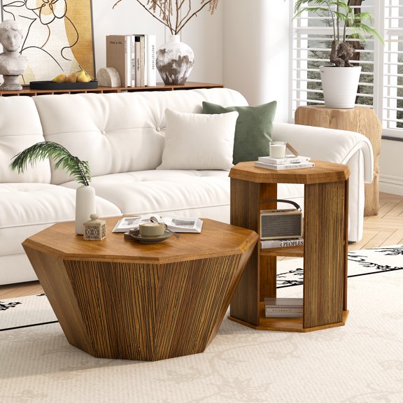 Natural Rubber Wood 31.5" Octagonal Coffee Table (pair) - Versatile For Living (2) Space-saving Home