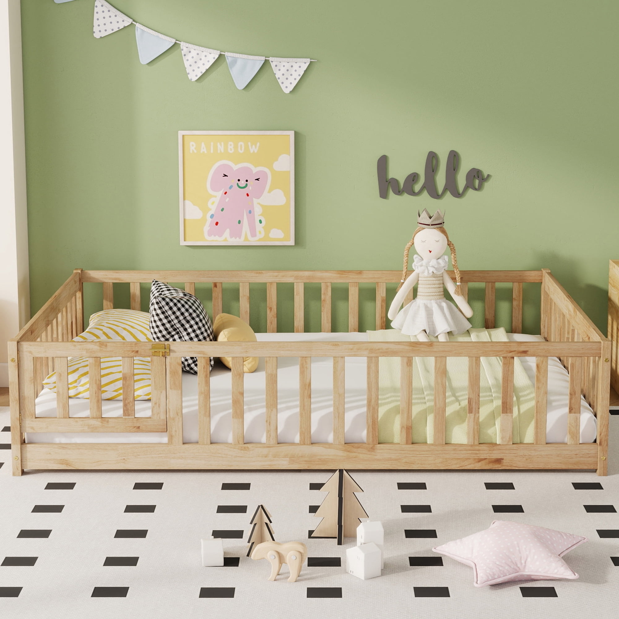 Natural Rubber Wood Full Size Kids Floor Bed with Surround Safety Fence & Access Door, 7 Wood Slats Platform Bed Holds 400LBS Fits ≤6 Inch Mattress No Box Spring Needed