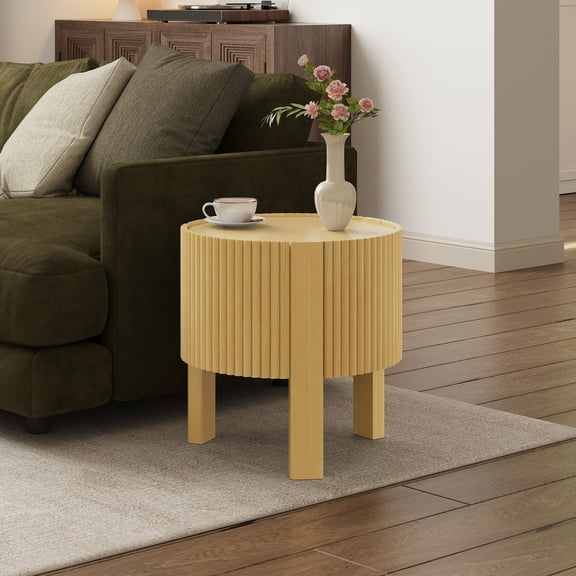 Natural Rubber Wood Round Side Table with Storage Soft Close Door 19.6 Inch