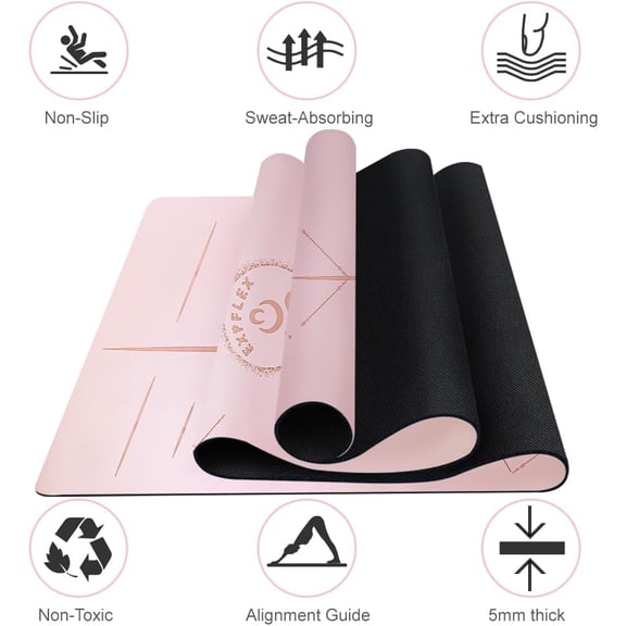 Natural Rubber Yoga Mat - Non Slip Non Toxic - 5mm Thick Yoga Mat for Hot Yoga/Pilates - Extra Large 26.8’’ with Alignment Guide - Sweat Proof - with Carrying Bag