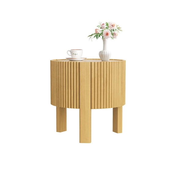 Natural Rubberwood 19.6" Round Side Table with Storage