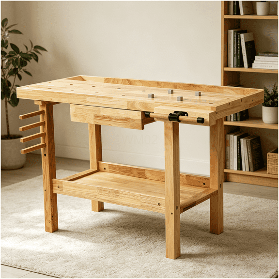 Natural Rubberwood Home Office Desk with Storage, 48 Inch Workstation for Computer Work and Study, Sturdy Writing Table for Small Workspaces and Apartments