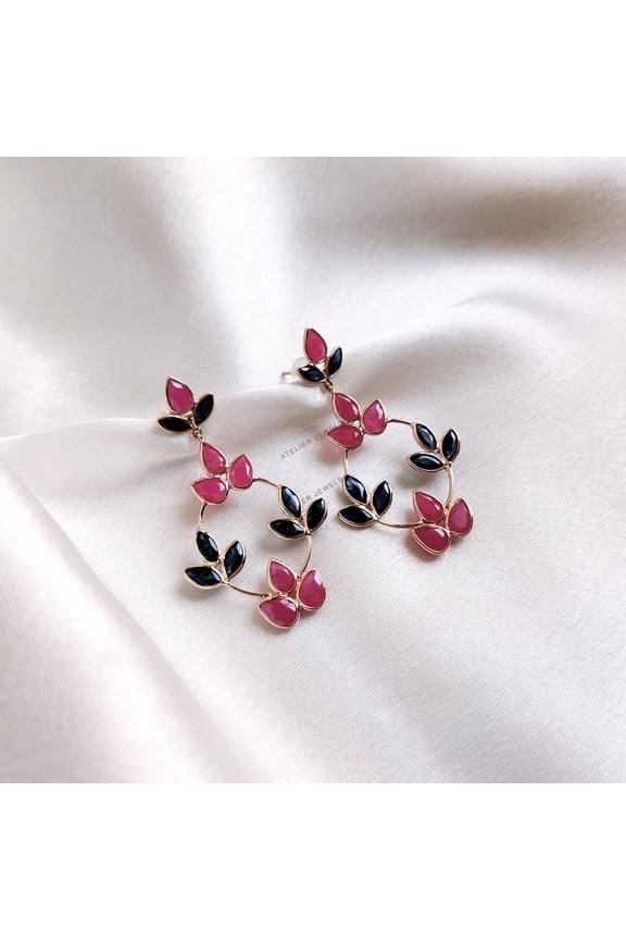 Natural Ruby & Blue Sapphire Earrings, Solid Gold Earrings, Multi Stone Floral Earrings, Dainty and Sapphire Stud Earrings, Birthday Present