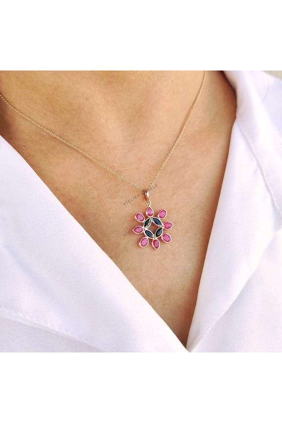 Natural Ruby & Blue Sapphire Flower Pendant, Solid Rose Gold Flower Necklace, July September Birthstone, Rose Gold Pendant, Dainty Sapphire