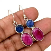 CELCIA JEWELRY Natural Ruby & Blue Sapphire Gemstone Faceted Round Oval Womens Earrings, Solid 925 Sterling Silver Dangle Teardrop Earrings, July September Birthstone Mothers Day Gifts