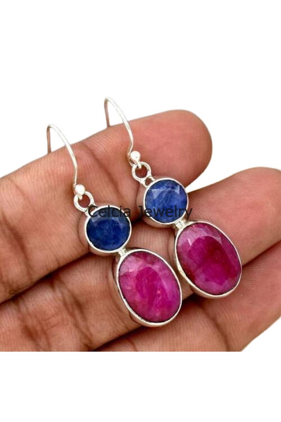 Natural Ruby & Blue Sapphire Gemstone Faceted Round Oval Womens Earrings, Solid 925 Sterling Silver Dangle Teardrop Earrings, July September Birthstone Mothers Day Gifts