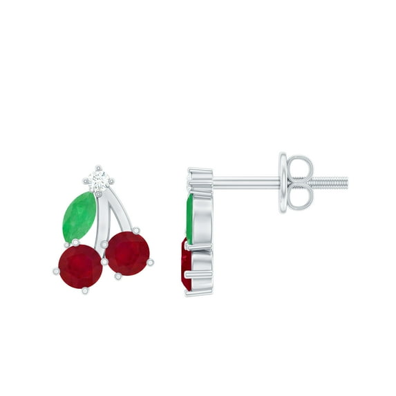 Rosec Jewels Natural Ruby Cherry Earrings with Emerald and Moissanite, Quirky Cherry Stud Earrings, 14K White Gold