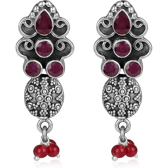 Natural Ruby Corundum Dangle Earrings | 925 Sterling Silver | Handmade Bezel-Set Pear & Round Cut Red Gemstones | Push Back | Elegant Drop Earrings for Women