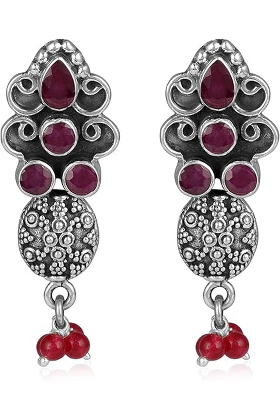 Natural Ruby Corundum Dangle Earrings | 925 Sterling Silver | Handmade Bezel-Set Pear & Round Cut Red Gemstones | Push Back | Elegant Drop Earrings for Women