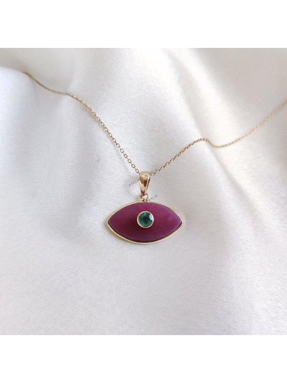 Natural Ruby & Emerald Evil Eye Pendant, 14K Solid Yellow Gold Evil Eye Pendant, May and July Birthstone Pendant, Evil Eye Gemstone Pendant