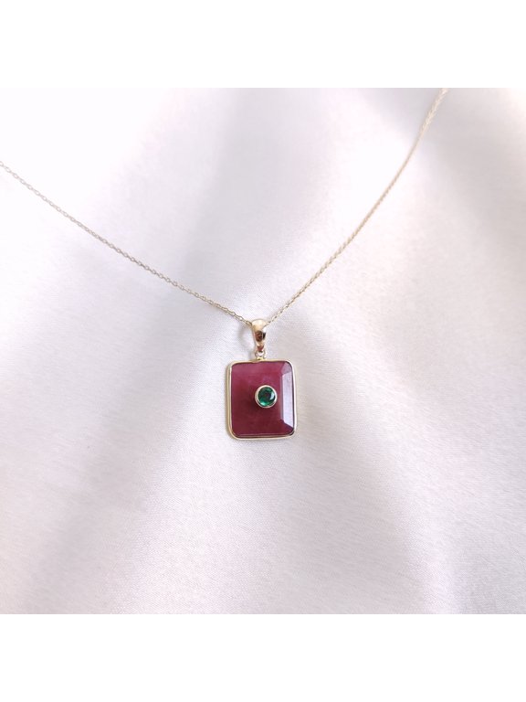 Natural Ruby & Emerald Pendant, 14K Solid Yellow Gold Ruby Pendant, May and July Birthstone Pendant, Dainty Emerald Pendant, Christmas Gift