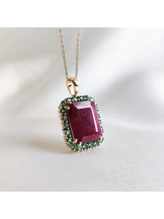 Natural Ruby & Emerald Pendant: 14K Yellow Gold Precious Gemstone