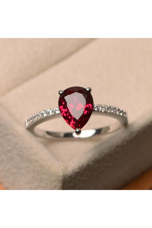 Natural Ruby Engagement ring, ruby ring, pear cut red gemstone, July birthstone, sterling silver ring