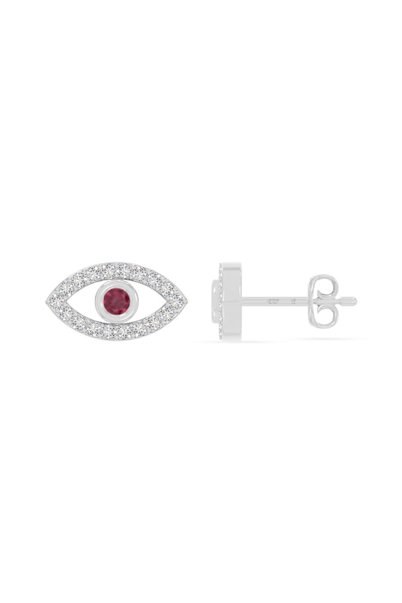 Natural Ruby Evil Eye Stud Earrings for Women in Sterling Silver with Moissanite, July Birthstone Jewelry Gifts for Her Birthday, Wedding Anniversary, Graduation, Valentines, Mothers Day, Christmas
