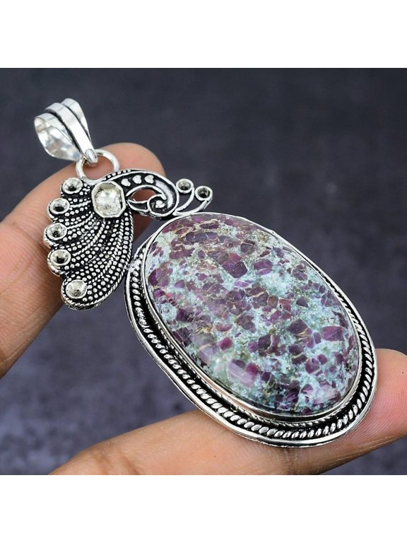 Natural Ruby Fuchsite Gemstone 925 Steling Silver Jewelry Pendant 2.88"