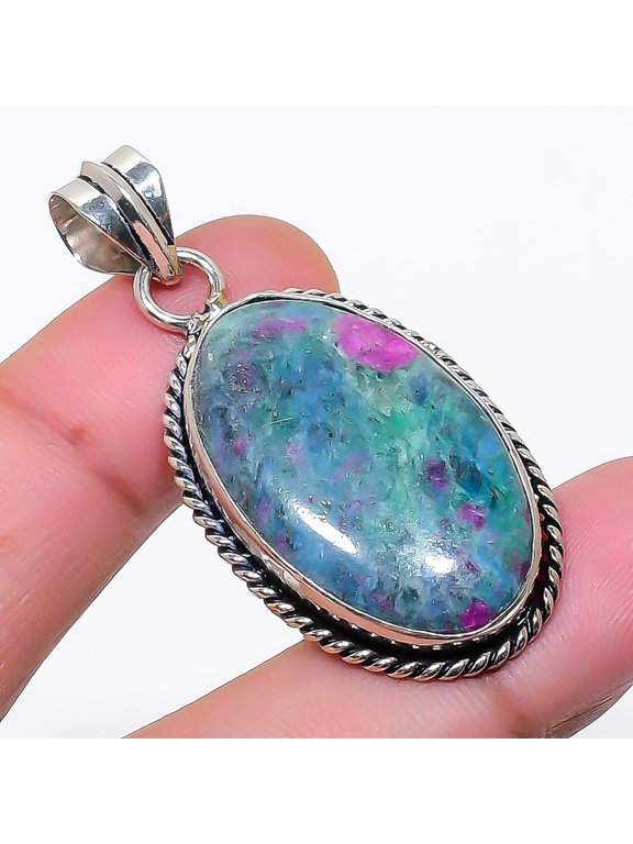 Natural Ruby Fuchsite Gemstone 925 Sterling Silver Jewelry Pendant 1.77"