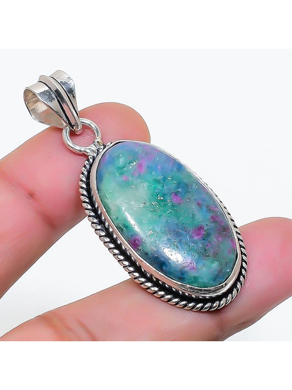 Natural Ruby Fuchsite Gemstone 925 Sterling Silver Jewelry Pendant 1.81"