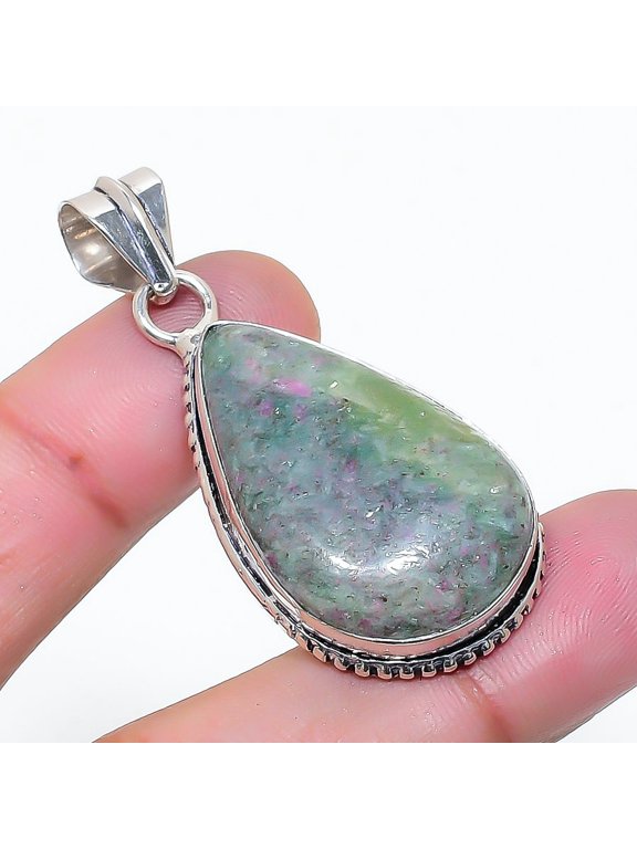 Natural Ruby Fuchsite Gemstone 925 Sterling Silver Jewelry Pendant 1.85"