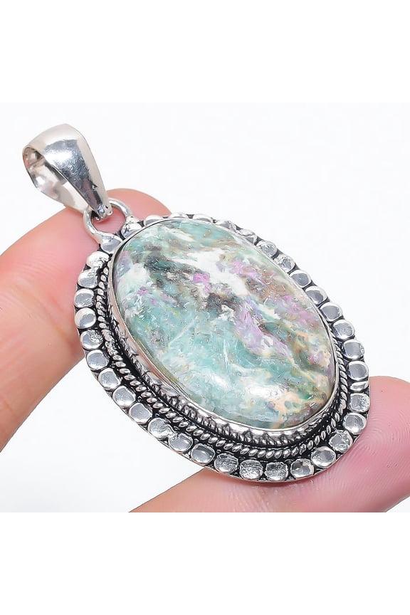 Natural Ruby Fuchsite Gemstone 925 Sterling Silver Jewelry Pendant 2.36"