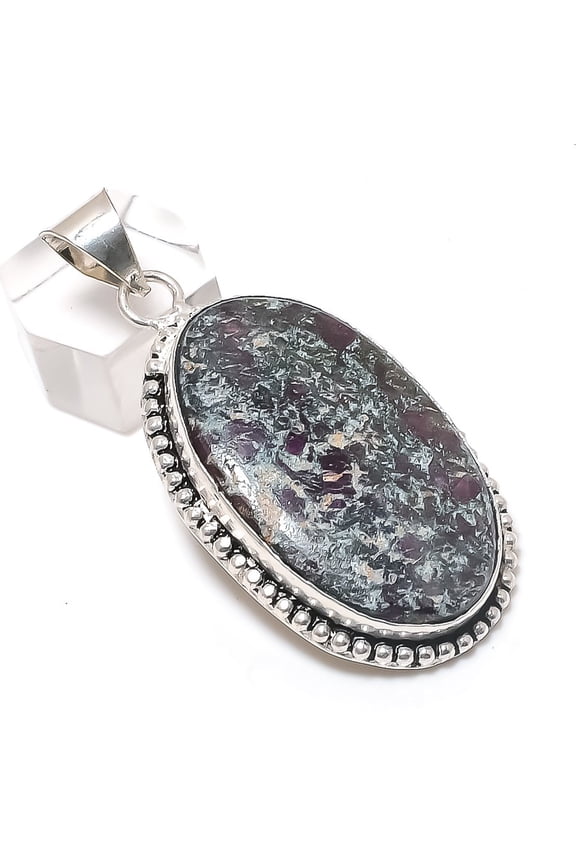 Natural Ruby Fuchsite Gemstone 925 Sterling Silver Jewelry Pendant 2.36"