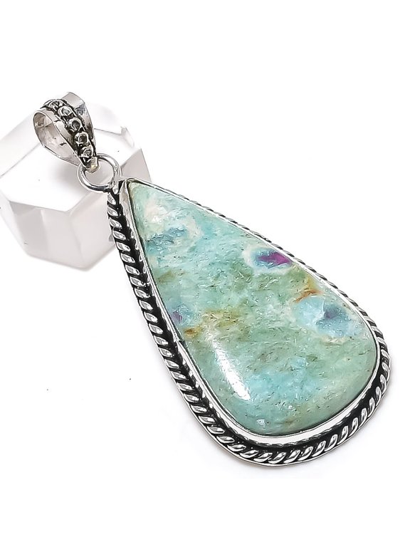 Natural Ruby Fuchsite Gemstone 925 Sterling Silver Jewelry Pendant 2.44"