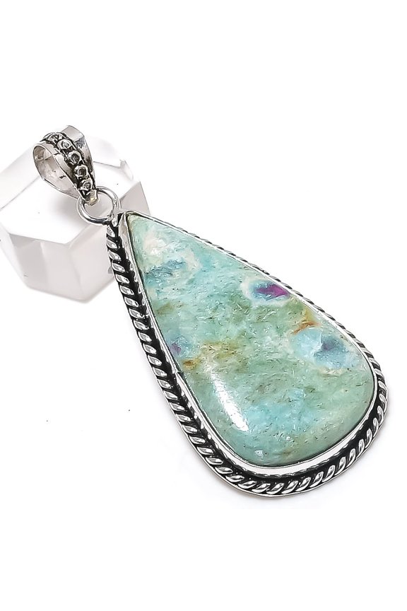 Natural Ruby Fuchsite Gemstone 925 Sterling Silver Jewelry Pendant 2.44"