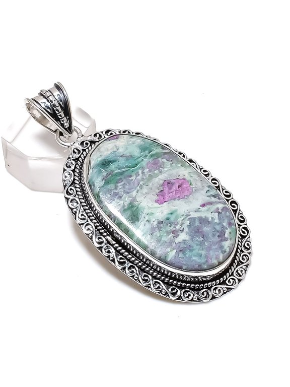 Natural Ruby Fuchsite Gemstone 925 Sterling Silver Jewelry Pendant 2.64"