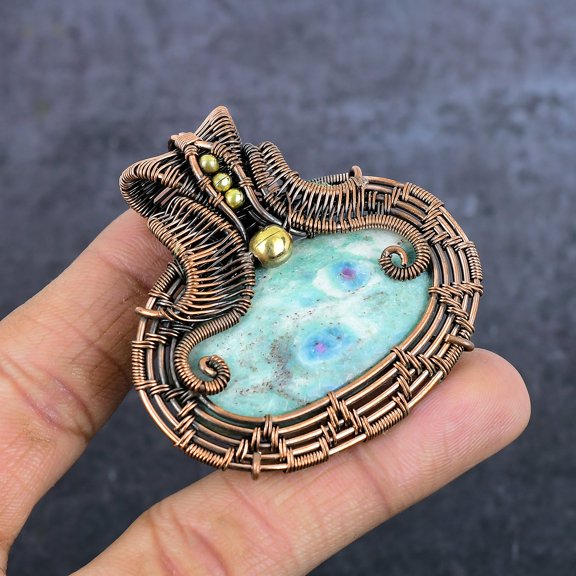 Natural Ruby Fuchsite Gemstone Copper Eire Wrap Jewelry Pendant 2.17"