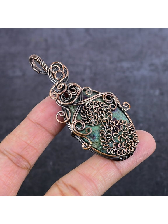 Natural Ruby Fuchsite Gemstone Copper Wire Wrap Jewelry Pendant 3.15"