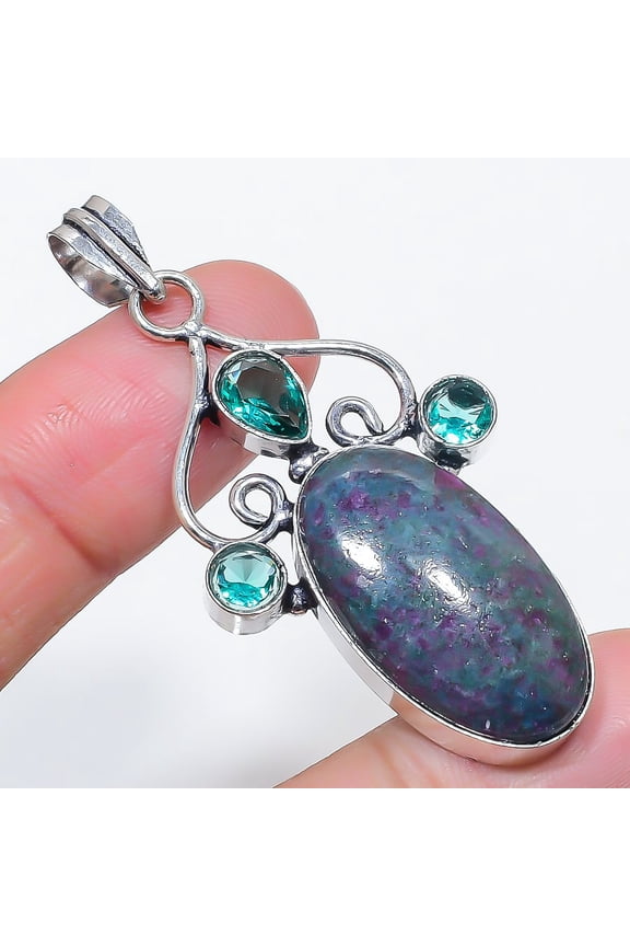 Natural Ruby Fuchsite, Topaz 925 Sterling Silver Jewelry Pendant 2.40"