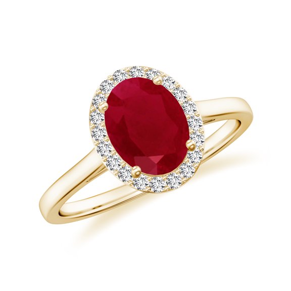Natural Ruby Halo Engagement Ring with Moissanite in Yellow Gold Plated/ 925 Sterling Silver| Oval Shaped July Birthstone, Birthday, Anniversary, Wedding Jewelry, Ring Size 5
