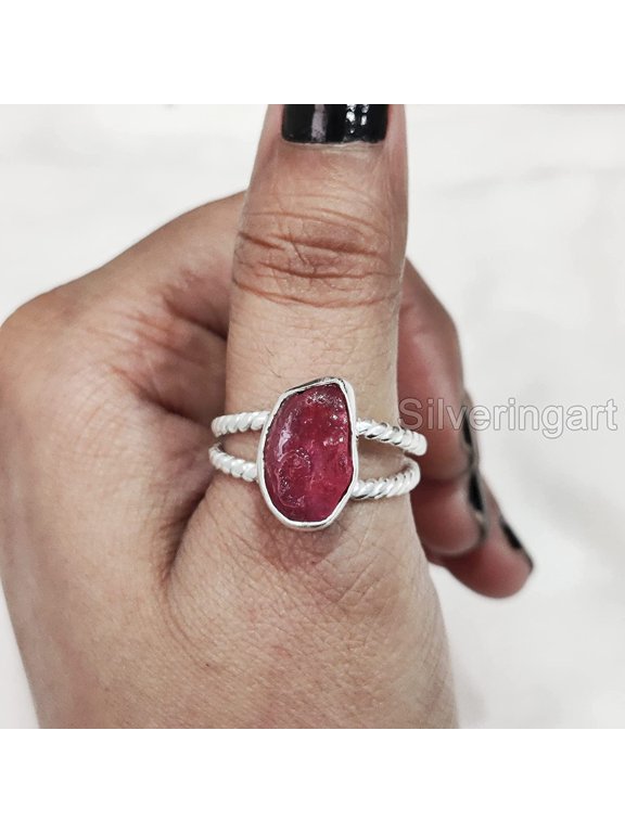 Natural Ruby Ring, Rough Ruby Gemstone Ring, July Birthstone, Twisted Wire Double Band, 925 Sterling Silver, Womens Ring, Christmas, Thanksgiving, Handmade, Statement Jewelry, Raw Gemstone Jewelry