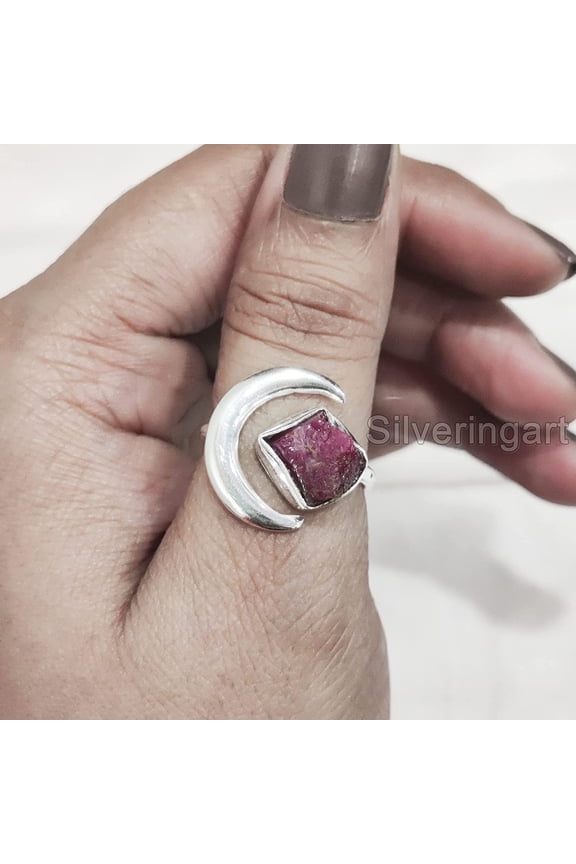 Natural Ruby Ring, Rough Ruby Ring, July Birthstone, Crescent Moon Adjustable Ring, 925 Sterling Silver, Womens Ring, Christmas, Thanksgiving, Handmade, Statement Jewelry, Raw Gemstone Jewelry