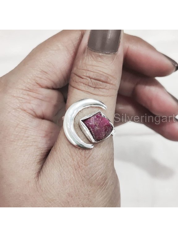 Natural Ruby Ring, Rough Ruby Ring, July Birthstone, Crescent Moon Adjustable Ring, 925 Sterling Silver, Womens Ring, Christmas, Thanksgiving, Handmade, Statement Jewelry, Raw Gemstone Jewelry