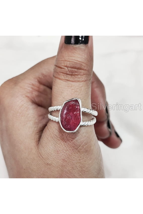 Natural Ruby Ring, Rough Ruby Gemstone Ring, July Birthstone, Twisted Wire Double Band, 925 Sterling Silver, Womens Ring, Christmas, Thanksgiving, Handmade, Statement Jewelry, Raw Gemstone Jewelry