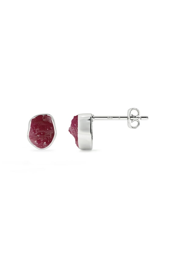 Natural Ruby Rough Shape Stud Earrings in Sterling Silver for Women, July Birthstone Jewelry for Her Birthday, Wedding Anniversary, Christmas, Mothers Day