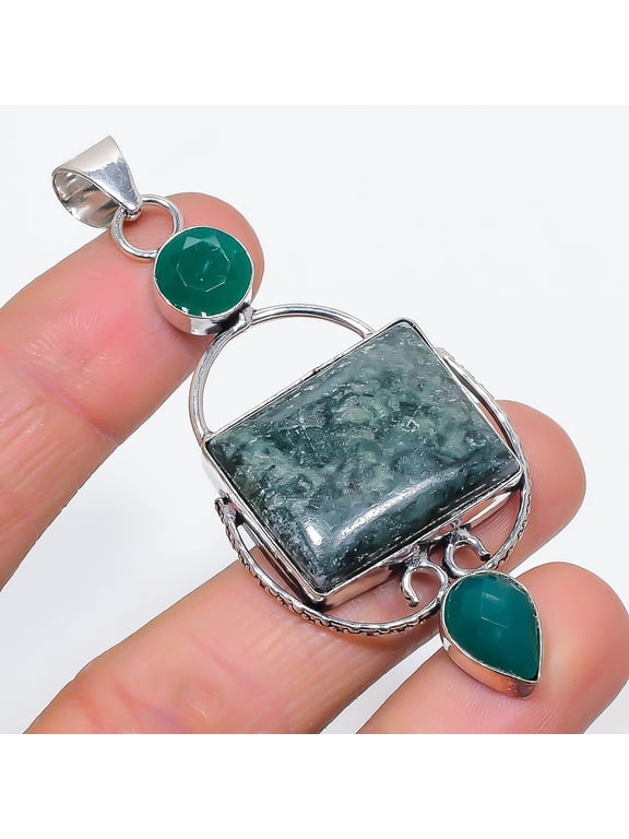 Natural Ruby(Simulated), Diopside 925 Sterling Silver Jewelry Pendant 3.03"