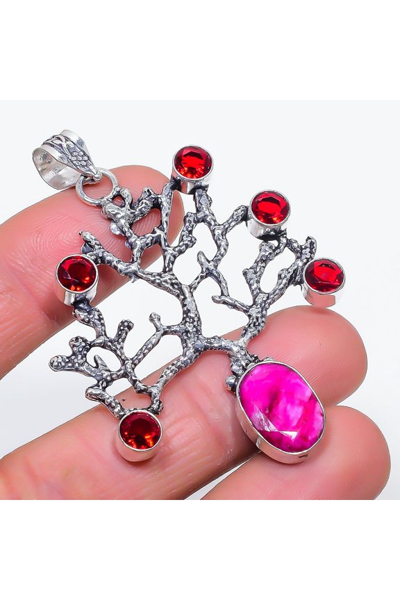 Natural Ruby(Simulated), Garnet 925 Sterling Silver Jewelry Pendant 2.56"