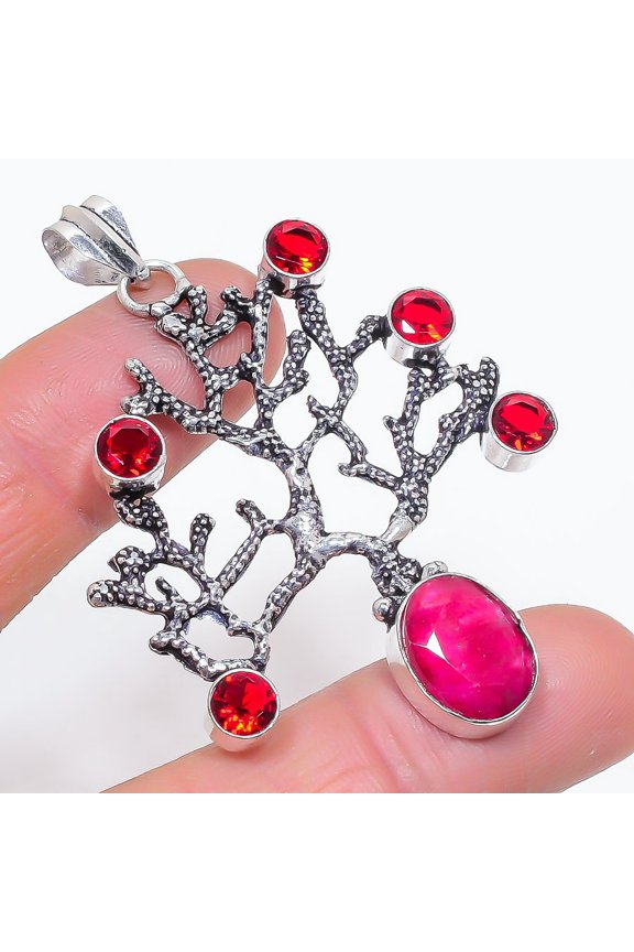 Natural Ruby(Simulated), Garnet 925 Sterling Silver Jewelry Pendant 2.60"
