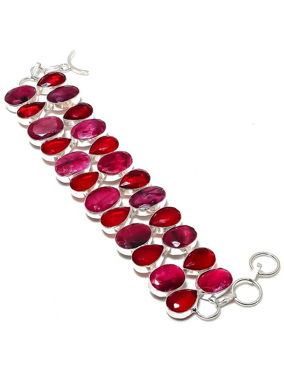 Ruby(Simulated) Gemstone 925 Sterling Silver Bracelet 7-8"