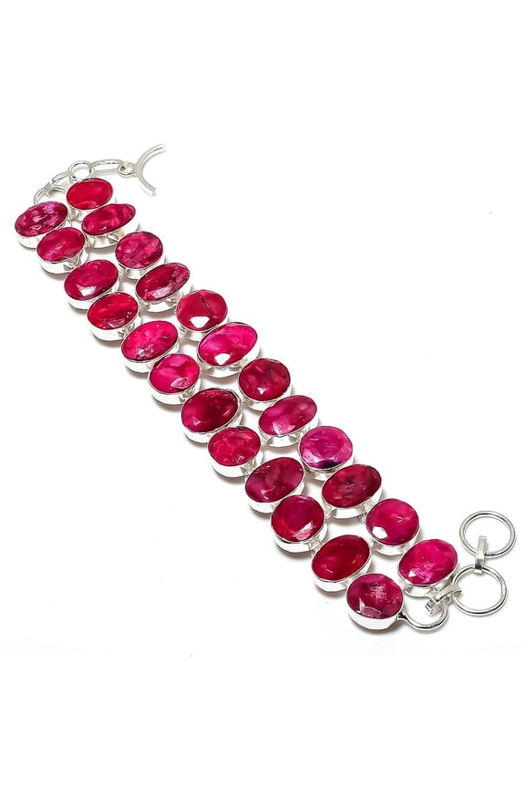 Ruby(Simulated) Gemstone 925 Sterling Silver Bracelet 7-8"