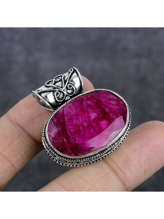 Natural Ruby(Simulated) Gemstone 925 Sterling Silver Jewelry Pendant 1.34"