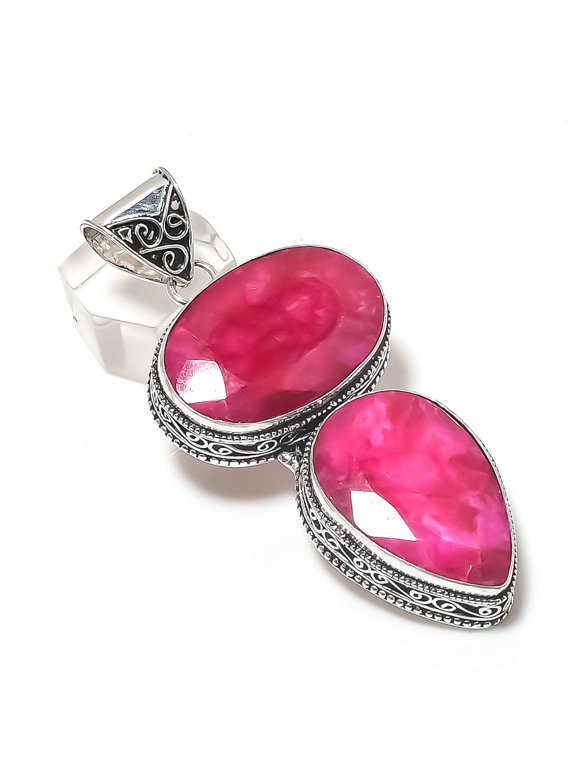 Natural Ruby(Simulated) Gemstone 925 Sterling Silver Jewelry Pendant 2.88"